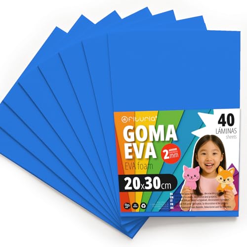OFITURIA Moosgummi für Bastelarbeiten und Schulprojekte, Farbiges Schaumstoff ideal für DIY, Dekoration, Scrapbooking und kreative Projekte 20x30cm (Hellblau, 40 Stk) von OFITURIA