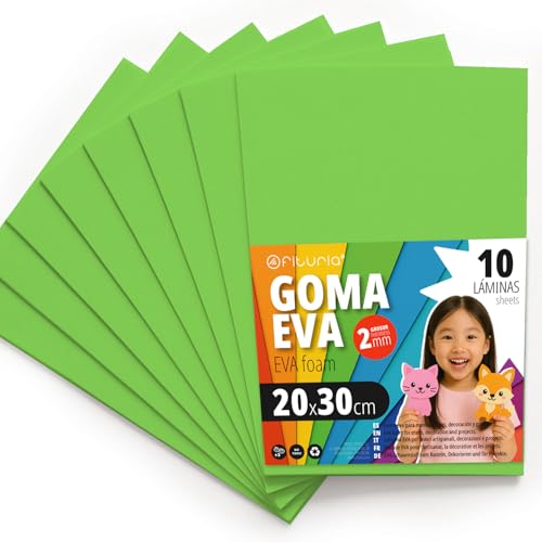 OFITURIA Moosgummi für Bastelarbeiten und Schulprojekte, Farbiges Schaumstoff ideal für DIY, Dekoration, Scrapbooking und kreative Projekte 20x30cm (Hellgrün, 10 Stk) von OFITURIA