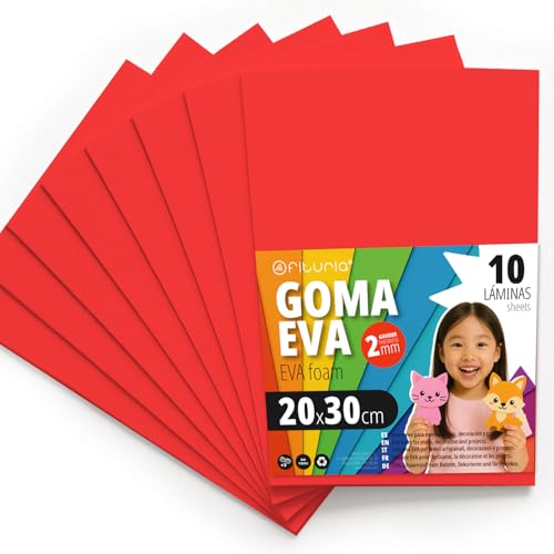 OFITURIA Moosgummi für Bastelarbeiten und Schulprojekte, Farbiges Schaumstoff ideal für DIY, Dekoration, Scrapbooking und kreative Projekte 20x30cm (Rot, 10 Stk) von OFITURIA
