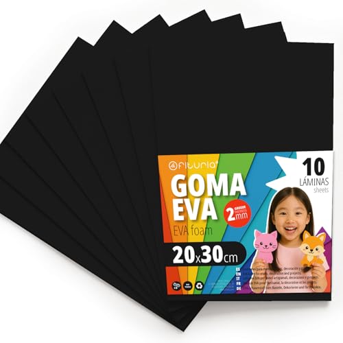 OFITURIA Moosgummi für Bastelarbeiten und Schulprojekte, Farbiges Schaumstoff ideal für DIY, Dekoration, Scrapbooking und kreative Projekte 20x30cm (Schwarz, 10 Stk) von OFITURIA