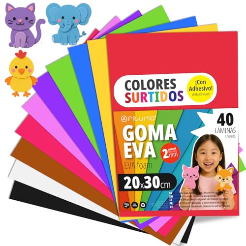 OFITURIA Moosgummi für Bastelarbeiten und Schulprojekte, Farbiges Schaumstoff ideal für DIY, Dekoration, Scrapbooking und kreative Projekte 20x30cm (Sortiment, 40 Stk) von OFITURIA