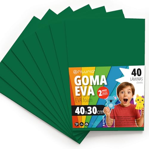 OFITURIA Moosgummi für Bastelarbeiten und Schulprojekte, Farbiges Schaumstoff ideal für DIY, Dekoration, Scrapbooking und kreative Projekte 40x30cm (Dunkelgrün, 40 Stk) von OFITURIA