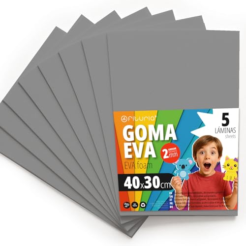 OFITURIA Moosgummi für Bastelarbeiten und Schulprojekte, Farbiges Schaumstoff ideal für DIY, Dekoration, Scrapbooking und kreative Projekte 40x30cm (Grau, 5 Stk) von OFITURIA