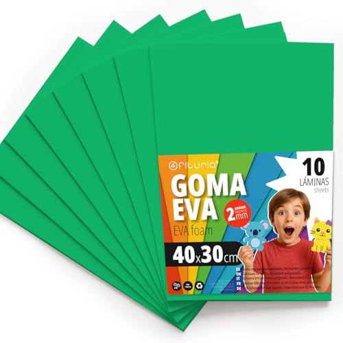 OFITURIA Moosgummi für Bastelarbeiten und Schulprojekte, Farbiges Schaumstoff ideal für DIY, Dekoration, Scrapbooking und kreative Projekte 40x30cm (Grün, 10 Stk) von OFITURIA