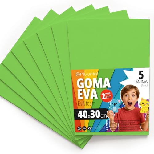 OFITURIA Moosgummi für Bastelarbeiten und Schulprojekte, Farbiges Schaumstoff ideal für DIY, Dekoration, Scrapbooking und kreative Projekte 40x30cm (Hellgrün, 5 Stk) von OFITURIA