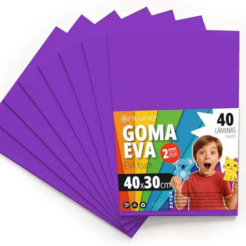 OFITURIA Moosgummi für Bastelarbeiten und Schulprojekte, Farbiges Schaumstoff ideal für DIY, Dekoration, Scrapbooking und kreative Projekte 40x30cm (Lila, 40 Stk) von OFITURIA