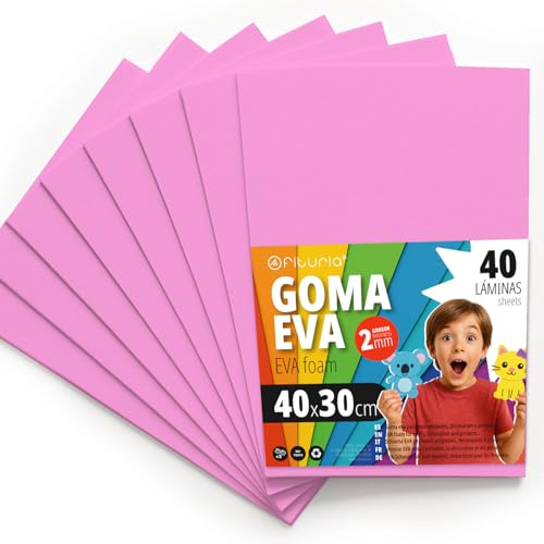 OFITURIA Moosgummi für Bastelarbeiten und Schulprojekte, Farbiges Schaumstoff ideal für DIY, Dekoration, Scrapbooking und kreative Projekte 40x30cm (Rosa, 40 Stk) von OFITURIA