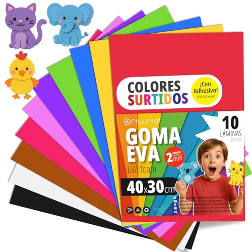 OFITURIA Moosgummi für Bastelarbeiten und Schulprojekte, Farbiges Schaumstoff ideal für DIY, Dekoration, Scrapbooking und kreative Projekte 40x30cm (Sortiment, 10 Stk) von OFITURIA