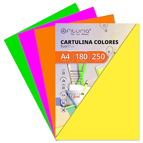 Pack 250 Cartulinas Colores Fluor Tamaño A4 180g von OFITURIA