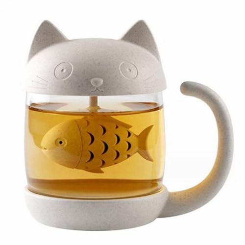 OFKPO Katze Glas Tee Becher, Wasser Flasche mit Fisch Tee Infuser Sieb Filter, Tee Infuser Teetasse mit Tee-Ei in Fischform, Teetasse aus Glas Tassenteesieb 250ml von OFKPO