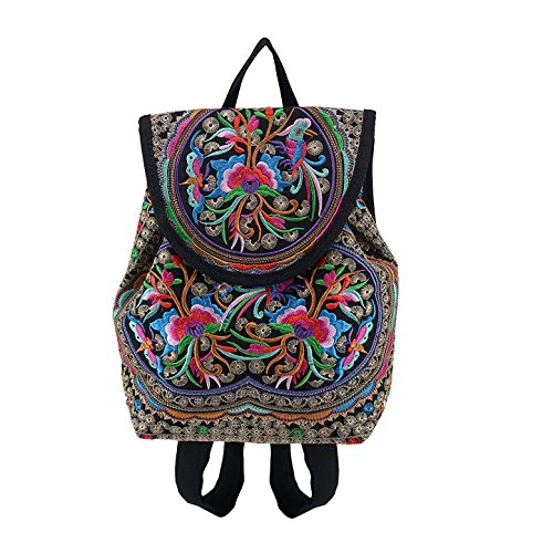 OFKPO Vintage Bestickt Blumenmuster Rucksäcke,Damen Freizeit Schulrucksack Leinwand Rucksäcke von OFKPO