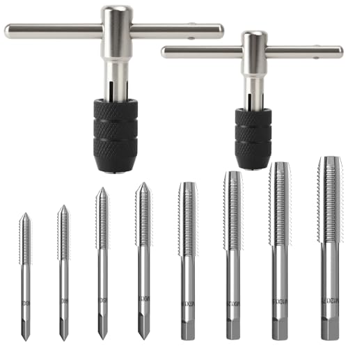 10 Stück Gewindebohrer Set Verstellbarer, Tap Wrench Set, mit M3 M4 M5 M6 M7 M8 M10 M12 HSS Gewindefräsen and 2 T Griff Windeisen Ratsche, Handgewindebohrer Satz, Gewindeschneidsatz von OFNMY