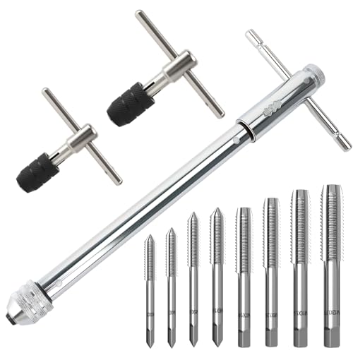 11 Stück Gewindebohrer Set, Metric Gewindeschneider Bit Set, mit M3 M4 M5 M6 M7 M8 M10 M12 HSS Gewindefräsen and 3 Verstellbaren T Griff Windeisen Ratsche, Handgewindebohrer Gewindeschneider Set von OFNMY