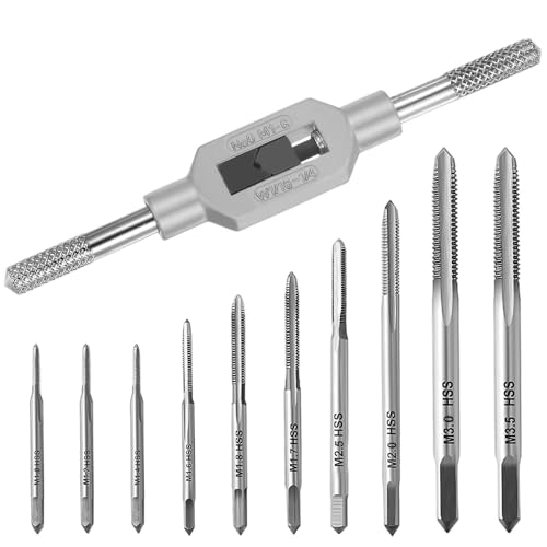 11 Stück Metrischer Gewindebohrer Set, M1-M3.5 HSS Metrisches Gewinde-Maschinengewindebohrer-Set, Mini Handgewindebohrer Set mit Einstellbar Windeisen, Screw Tap Set für Holz, Kunststoff, Metall von OFNMY