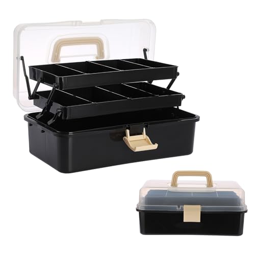 OGANAZI Tragbare Aufbewahrungsbox mit Griff und Deckel 3 Lagen Mehrzweck Organizer Schreibtisch Stiftebox Leer Toolbox Plastik Angelkoffer Schwarz Nähkasten, 2 Regalen mit 6 verstellbaren Trennwänden von OGANAZI