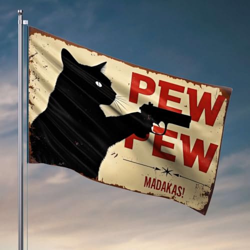 Coole Flaggen für Jungs, eine schwarze Katze, die eine Waffe hält, mit dem Text "Pew Pew Madakas!" Darunter. Flagge, Terrassendekoration, Männerhöhle, Zubehör und Dekoration (152 x 244 cm) von OGBD