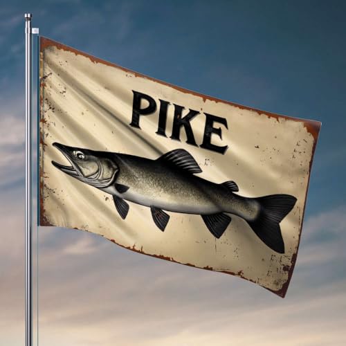 Coole Flaggen für Jungs Hechtfisch Illustration Vintage Schild Flagge Terrasse Dekor Männerhöhle Zubehör und Dekoration (60 x 90 cm) von OGBD