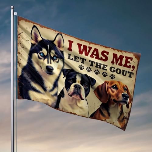 Flaggen für Studentenwohnheim, drei Hunde mit dem Text "I Was Me, Let The Gout". Flagge, Männerhöhlen-Regeln, Flaggen für Teenager (120 x 180 cm) von OGBD