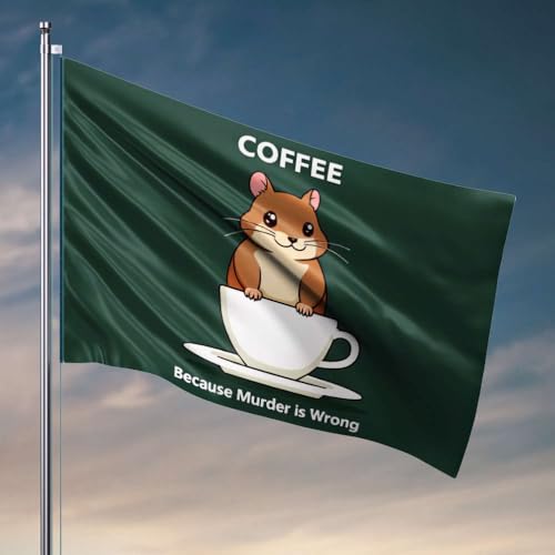 Heimdekoration Männer ein Hamster in einer Kaffeetasse mit der Beschriftung "Because Murder Is Wrong". Flaggen-Dekor für Männerhöhle, Garage, Dekoration für Männer (152 x 244 cm) von OGBD