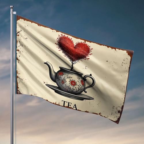 Veranda-Flagge, Teekanne mit floralen Designs, enthält einen Baum mit roten herzförmigen Blättern. Flagge, coole Wohnheimflaggen, Schlafzimmer-Zubehör (60 x 90 cm) von OGBD