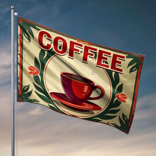 Veranda-Flagge, Vintage-Kaffeeschild mit Tassen-Illustration, coole Schlafsaal-Flaggen, Schlafzimmerzubehör (152 x 244 cm) von OGBD