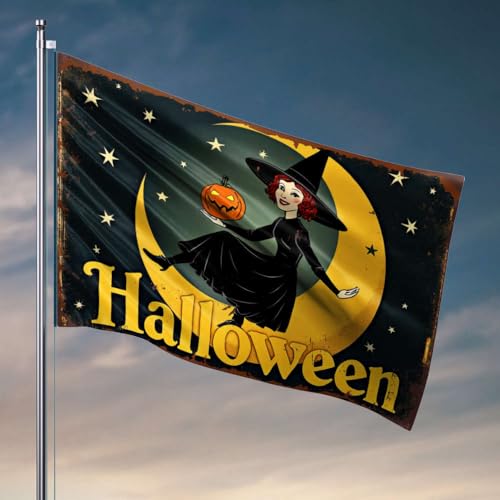 Wanddekoration für Studentenwohnheim, Halloween, Hexe mit Kürbis auf Mond, Retro-Raumdekoration, Schlafzimmer-Türdekoration (120 x 180 cm) von OGBD