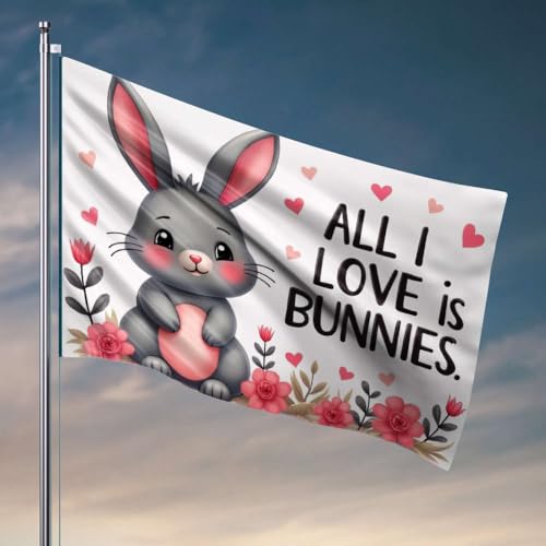Wandflaggen für Jungs, ein niedlicher Hase, umgeben von rosa Blumen mit dem Text "All I Love Is Bunnies". Flagge für den Winter, Hausflagge (152 x 244 cm) von OGBD