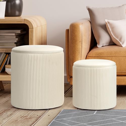 OGEMXU Ottomane mit Stauraum, 2 Set Runder Ottomane Samt Schminkhocker, Aufbewahrung Ottomane für Schlafzimmer Wohnzimmer, Modern Multifunktionaler Couchtisch Fußhocker für Wohnheim, Creme OGEMXU Ottomane mit Stauraum, 2 Set Runder Ottomane Samt Schminkhocker, Aufbewahrung Ottomane für Schlafzimmer Wohnzimmer, Modern Multifunktionaler Couchtisch Fußhocker für Wohnheim, Creme von OGEMXU