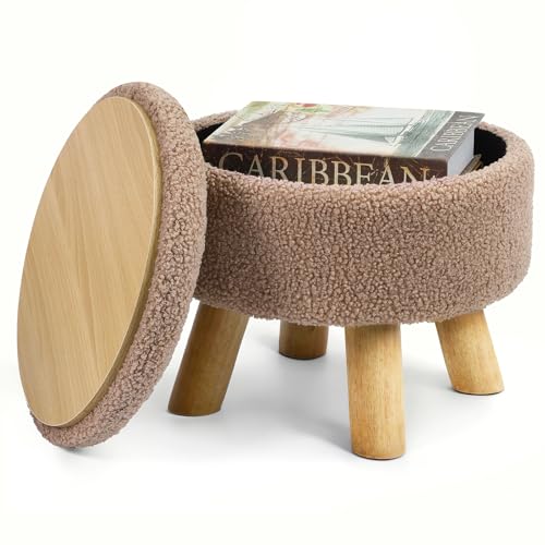 OGEMXU Teddy Velvet Runder Fußhocker mit Holzbeinen, Braun OGEMXU Teddy Velvet Runder Fußhocker mit Holzbeinen, Braun von OGEMXU