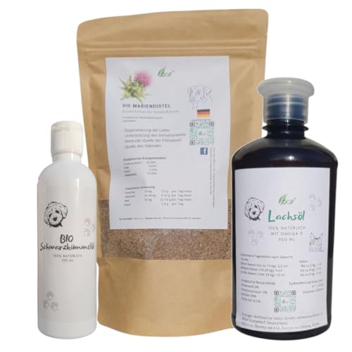 OGF® ImmuBox L für Hunde – Natürliche Power für Immunsystem, Gelenke und Leber! 400 g Mariendistel, 100 ml Schwarzkümmelöl, 500 ml Lachsöl zur Unterstützung der allgemeinen Vitalität 100% natürlich von OGF