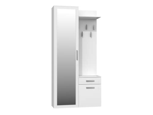 Oggi Ibiza Flurgarderobe mit Spiegel 100x180x35cm Kleiderbügel Schuhschrank Schrank aus 16mm Schichtstoffplatte Modisches Design Minimalistisch Modern Weiß von Oggi