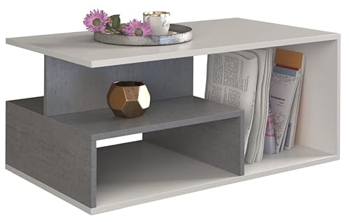 OGGI Mataro Prima Couchtisch Couchtische für Wohnzimmer Kleiner Couchtisch Wohnzimmertische Beistelltisch Wohnzimmer 90cm x 51cm x 43cm Beton/Weiß von OGGI