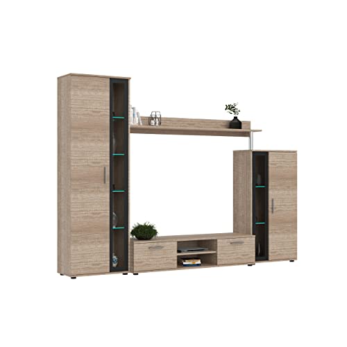 OGGI Schrankwand | Wohnwand – 4 Elemente Wohnzimmerschrank| Modernes Design, Möbel für EIN gemütliches und bequemes Zuhause, praktisch, Eiche, Country Oak grau von OGGI