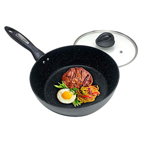 Bratpfanne Wokpfanne mit Glasdeckel Antihaft Pfanne Steinpfannen Universalpfanne Tiefe Pfanne Induktionsgeeignet alle Herdarten Inkl für Fettfreies Kochen Steak Pasta Bratchips Schmorgerichte 24cm von OGIBRIDI