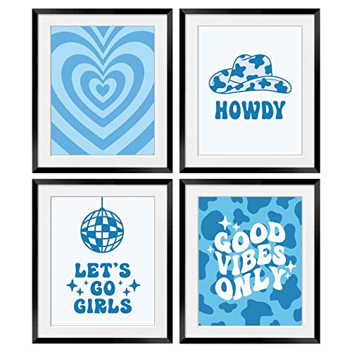 OGILRE Preppy Blue Abstrakte Disco Ball Let's Go Girls Howdy Good Vibes Only Wandkunst-Dekorationen, Cowgirl-Hut, Herzen, Boho-Poster, 20,3 x 25,4 cm, 4 Stück, ungerahmt von OGILRE