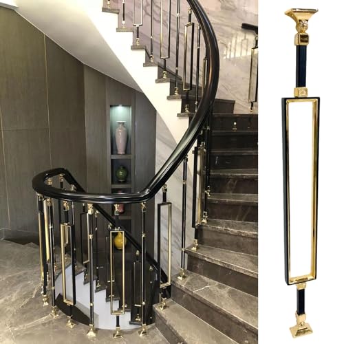 Schwarzgoldene Aluminium-Treppengeländerstäbe - 37,4 Zoll verstellbare Geländerspindeln mit 270°-Halterungen for den Innen- und Außenbereich(1Pack) von OGIZQNHA