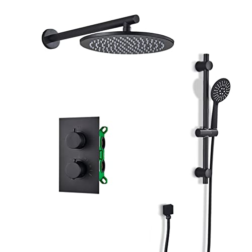 Jings Duschsystem mit Schleimstange, wandmontierte Duschhahnset mit Regenduschkopf und 3-setzende Handheld-Duschset, Regenmixer-Duschset, mattes Schwarz, 10-Zoll-Haushaltsarmaturen von OGLFGLNY
