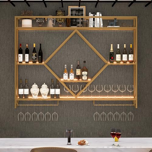 OGLFGLNY Barschelfwand montiertes Weinregal mit LED Light Floating Iron Spircor Flasche Display Regal Metallweinlager mit hängenden Glashalter Wandregale für Küche oder Weinkeller. von OGLFGLNY