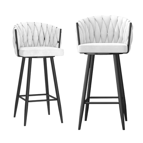 OGLFGLNY Drehbare Barhocker in Thekenhöhe, 2er-Set, Moderne Barhocker mit gewebter Rückenlehne und Metallbeinen mit Fußstütze, mit Samt gepolsterte Barhocker für Kücheninsel, Sitzhöhe 65 cm, Weiß von OGLFGLNY
