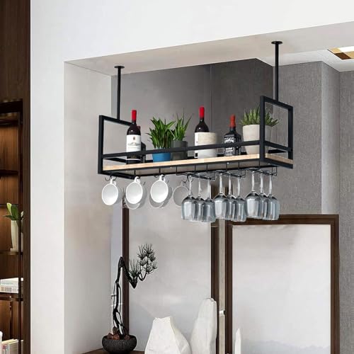 OGLFGLNY Metallwandmontierte Weinregal mit hängendem Weinglashalter schwimmendem Weinregal für Bar oder Küchenhülsenflaschenhalter mit Metallrahmen (Größe: 100 x 30 x 60 cm) von OGLFGLNY