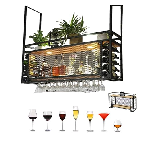 OGLFGLNY Moderne Black Metal Hanging Wine Glass Rack mit Verstellbarer Höhe stilvoller Deckendekoration für Bars Restaurants und Küchen (30~60 cm) beinhaltet Neonlichter von OGLFGLNY