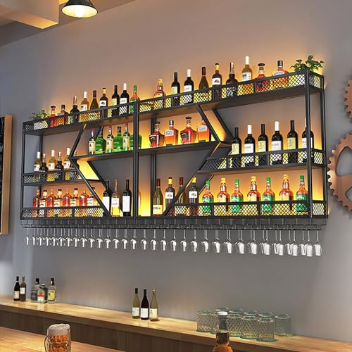 OGLFGLNY Schwimmende Regale Weinregal mit LED -Licht Moderne Metallflasche und Glashalter für Home Bars und Küchenwandmontage Multi funktionaler Aufbewahrungsschelf von OGLFGLNY
