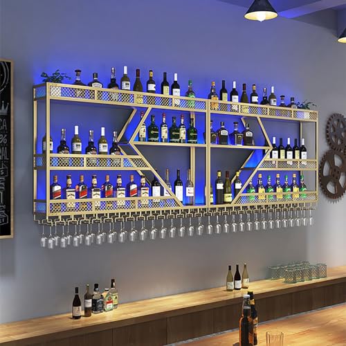 OGLFGLNY Schwimmende Regale Weinregal mit LED -Licht Moderne Metallflasche und Glashalter für Home Bars und Küchenwandmontage Multi funktionaler Aufbewahrungsschelf von OGLFGLNY