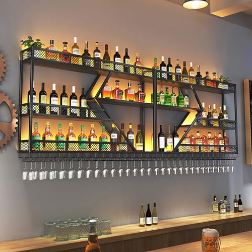 OGLFGLNY Wandmontierte Eisenweinglashalter Regale mit LED Light Floating Spirituosenschrank für Küchen- und Wohnzimmer Display Metallweinregal für stilvolle Lagerung von OGLFGLNY