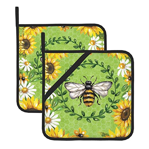 Biene & Sonnenblumen mit Taschen, 20,3 x 20,3 cm, hitzebeständige Topflappen, Ofen-Pads, zum Kochen und Backen von OGNOT