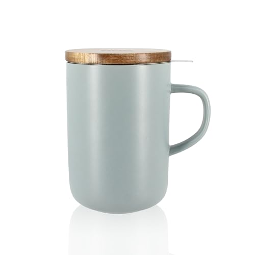 OGO LIVING Juliet 7912014 Teetasse 475 ml - ideal für Tee und Kräutertee - Teetasse aus Steinzeug und Deckel aus Akazienholz - Perle von OGO LIVING