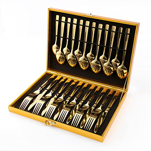 Besteck Set für 6 Personen, OGORI 30 teilig Besteck Edelstahl Gold, mattgoldenes Besteckset mit Messer, Gabel, Löffel,Besteck Edelstahl Spiegelpoliert（Griff quadratisch） von OGORI