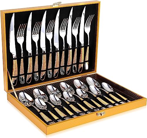 OGORI 24 teilig Besteck Set 6 Personen, 18/10 Edelstahl Besteckset, Essbesteck Set mit Messer Gabel Löffel, Hochwertiges Edelstahlbesteck von OGORI