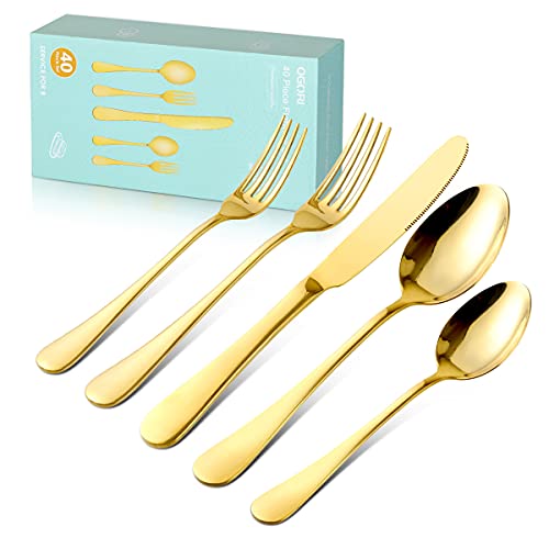 OGORI Besteck Set 8 Personen, 40 teilig Spiegelpolierte Gold Besteckset 18/10 Edelstahl Essbesteck Set mit Messer Gabel Löffel für Home/Party/Restaurant von OGORI