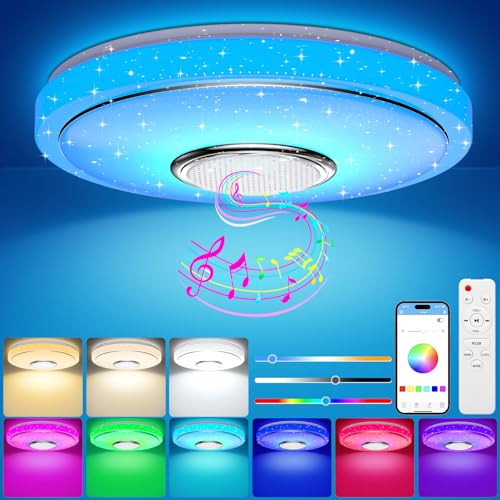 OGVDOE LED Deckenleuchte Dimmbar 48W LED RGB Deckenlampe Ø30CM Badezimmer Lampe Badlampe mit Bluetooth Lautsprecher Fernbedienung und APP-Steuerung für Kinderzimmer Schlafzimmer Wohnzimmer von OGVDOE